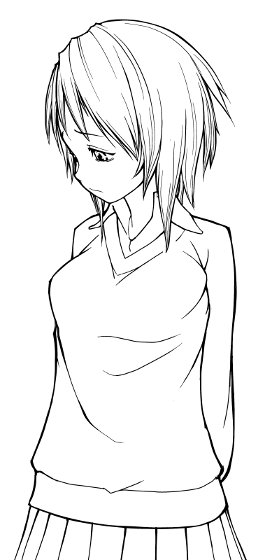 1girl, lineart, monochrome, ofukuro-sama, omotsu, original, school_uniform, serafuku, solo