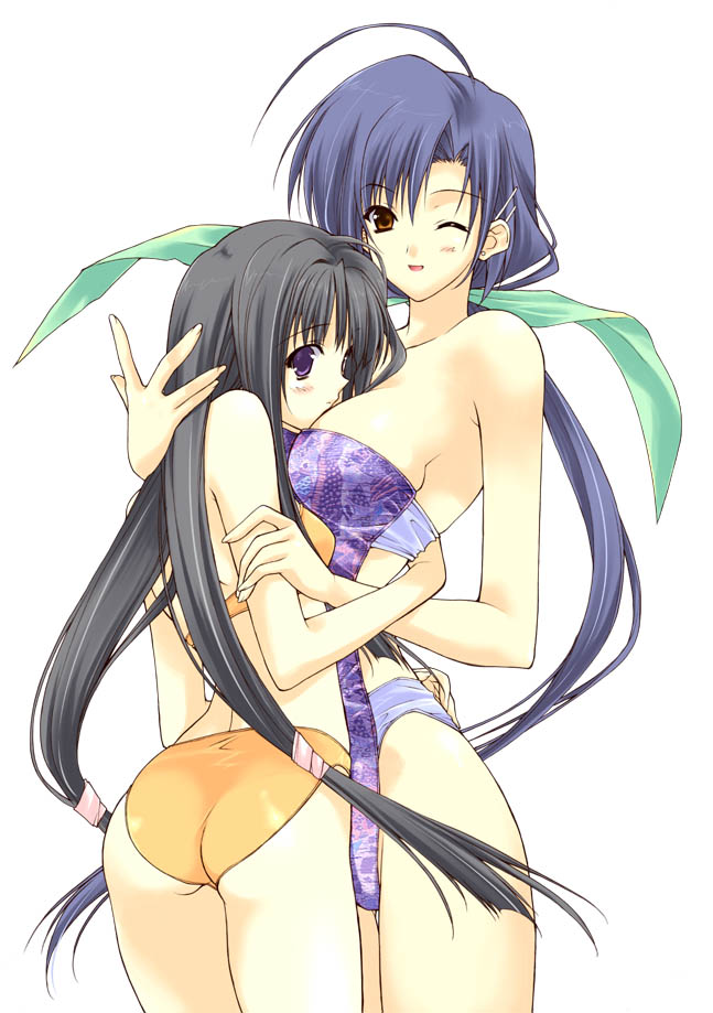 2girls, 90s, ;d, ahoge, arm_grab, ass, back, bare_shoulders