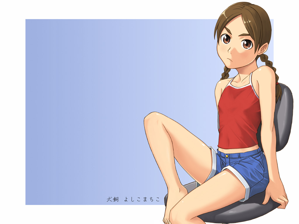 00s, 1girl, abenobashi_mahou_shoutengai, asahina_arumi, chair, denim, denim_shorts, flat_chest