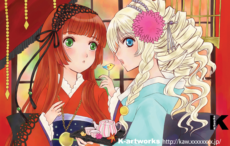 2girls, :o, beads, bird, birdcage, blue_eyes, blush, bonnet