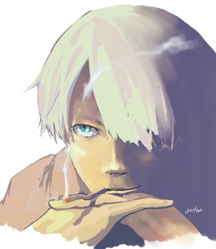 1boy, cigarette, ginko, green_eyes, guitar_(artist), guitar_(guitars), hair_over_one_eye, lowres