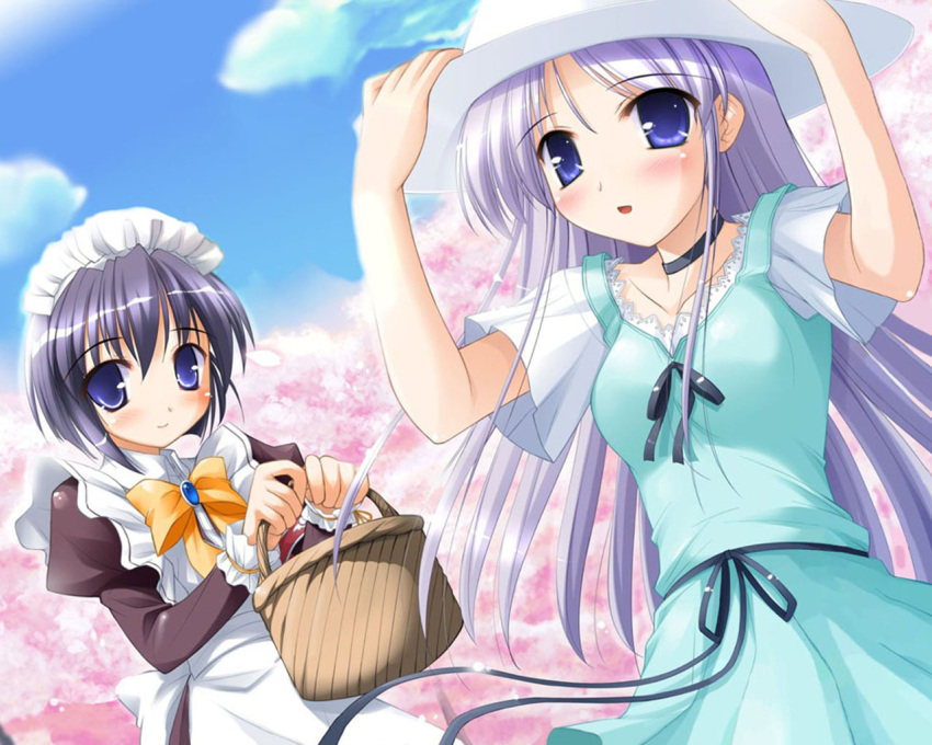 basket, blue_eyes, blue_hair, blush, cherry_blossoms, choker, clementis_mia, dress