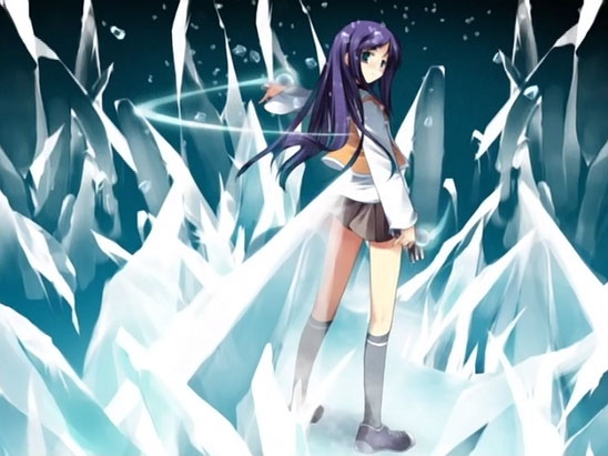 00s, 1girl, blue_hair, circus_(studio), crystal, green_eyes, ice, kuga_natsuki