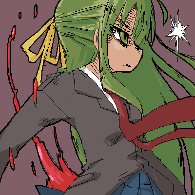 >:d, 1girl, :d, blazer, blood, blue_skirt, collared_shirt, from_side