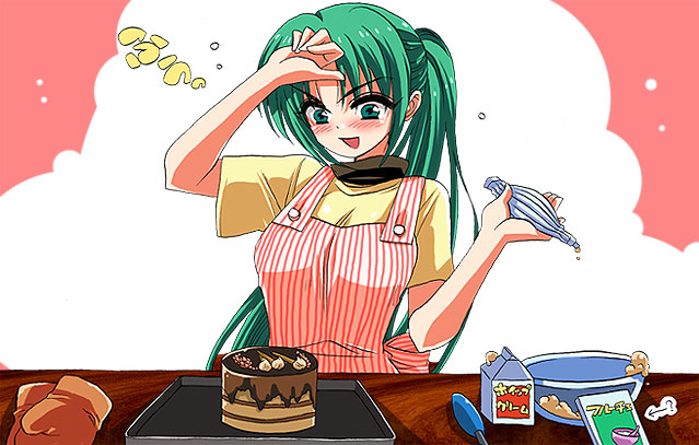 1girl, apron, cake, cooking, cream, food, fujitaka_(akasora), fujitaka_akasora
