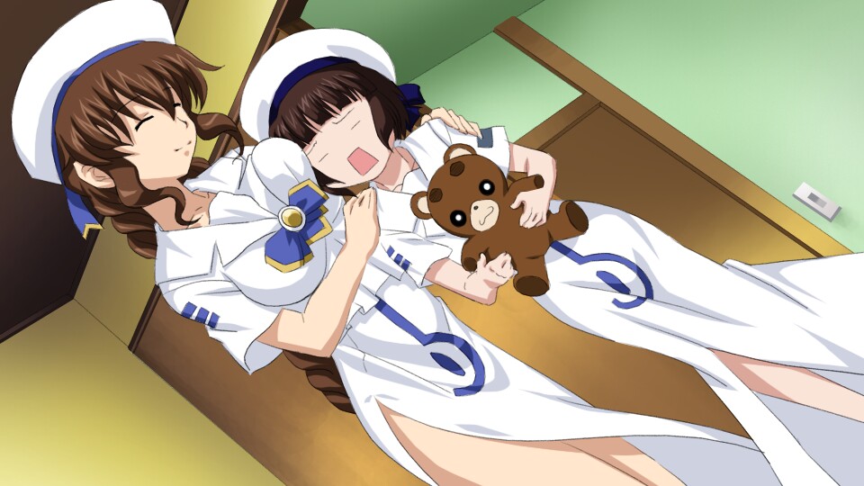 2girls, alicia_florence, alicia_florence_(cosplay), aria, aria_pokoteng, arisaka_hatsune, breast_press, breasts, cosplay, crossover, dress, hazuki_erino, kagura_marie, large_breasts, mizunashi_akari, mizunashi_akari_(cosplay), multiple_girls, ohara_sayaka, oohara_sayaka, parody, sanshita, seiyuu, seiyuu_connection, stuffed_animal, stuffed_toy, teddy_bear, tona-gura!