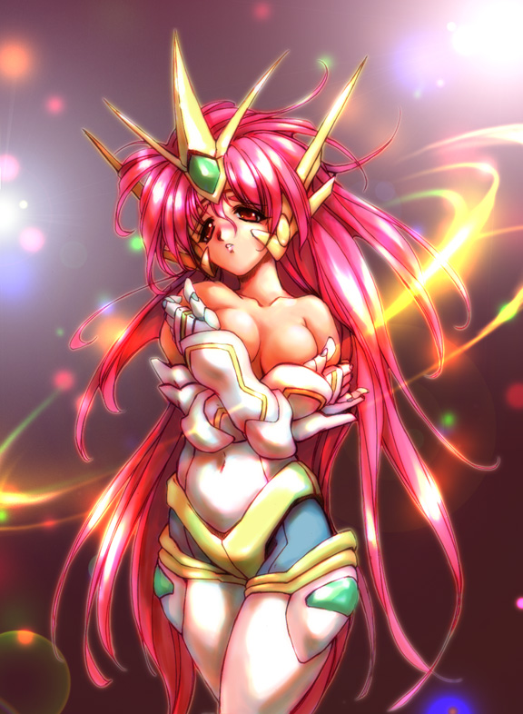 1girl, banpresto, breasts, hisahiko, long_hair, mecha_musume, medium_breasts, pink_hair