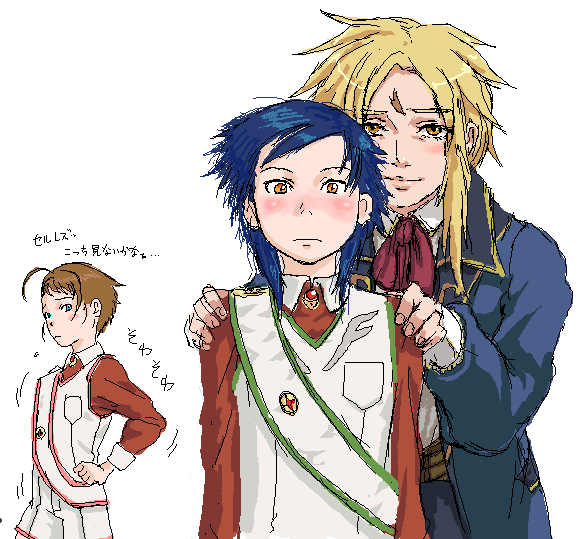 1girl, 2boys, ahoge, alternate_hairstyle, arika_yumemiya, asymmetrical_hair, blonde_hair, blue_hair