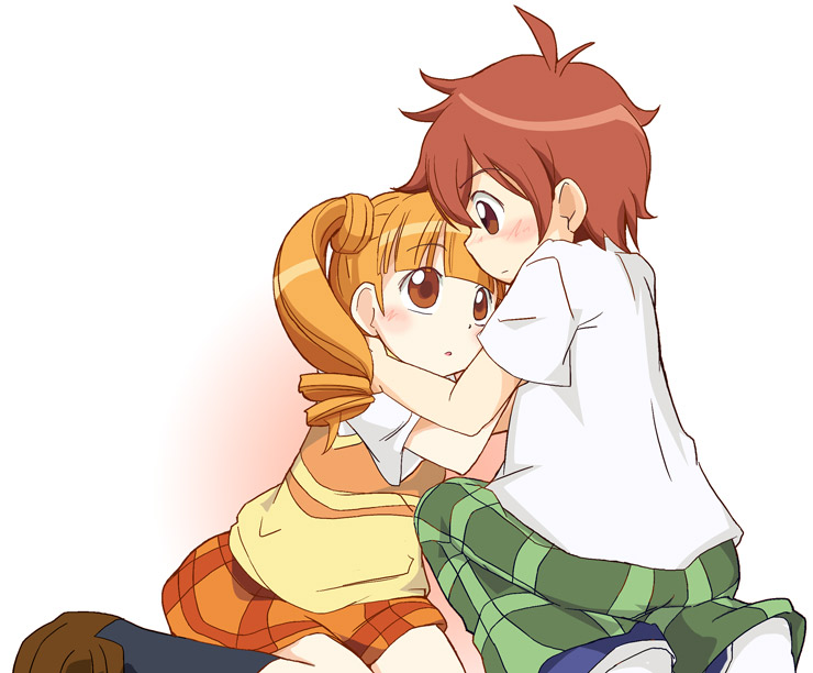 1boy, 1girl, blush, brown_eyes, brown_hair, drill_hair, face-to-face, ixy