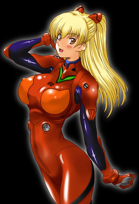 1girl, :d, adjusting_hair, bangs, black_background, blonde_hair, blush, bodysuit