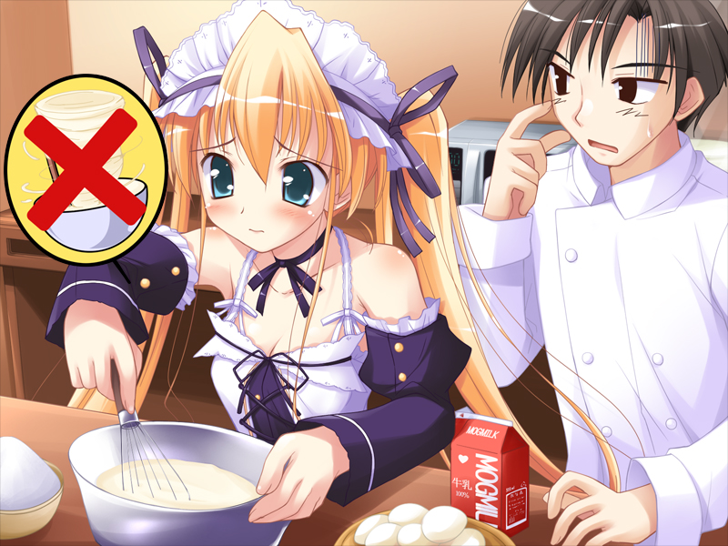 1boy, 1girl, baking, bare_shoulders, blonde_hair, blush, bowl, breasts