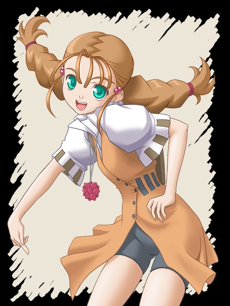 1girl, bangs, bike_shorts, braid, brown_hair, dress, green_eyes, gunxsword