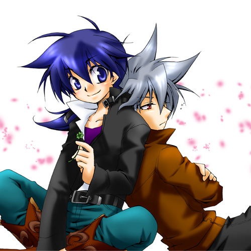 00s, 2boys, ahoge, back-to-back, bakuten_shoot_beyblade, bangs, belt, beyblade, blue_eyes, blue_hair, blush, boots, buckle, casual, clover, cowboy_boots, crossed_arms, denim, expressionless, four-leaf_clover, grey_hair, high_collar, hiwatari_kai, holding, indian_style, jacket, jeans, kinomiya_takao, leather, leather_jacket, light_particles, light_smile, long_hair, long_sleeves, looking_at_viewer, lowres, male_focus, matching_hair/eyes, multiple_boys, pants, reclining, red_eyes, short_hair, silver_hair, sitting, smile, spiky_hair, tyson, tyson_granger, white_background, yaoi
