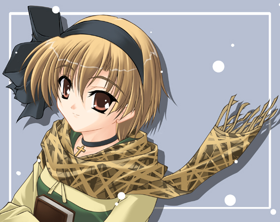 1girl, blonde_hair, book, brown_eyes, cross, game_cg, hairband, scarf
