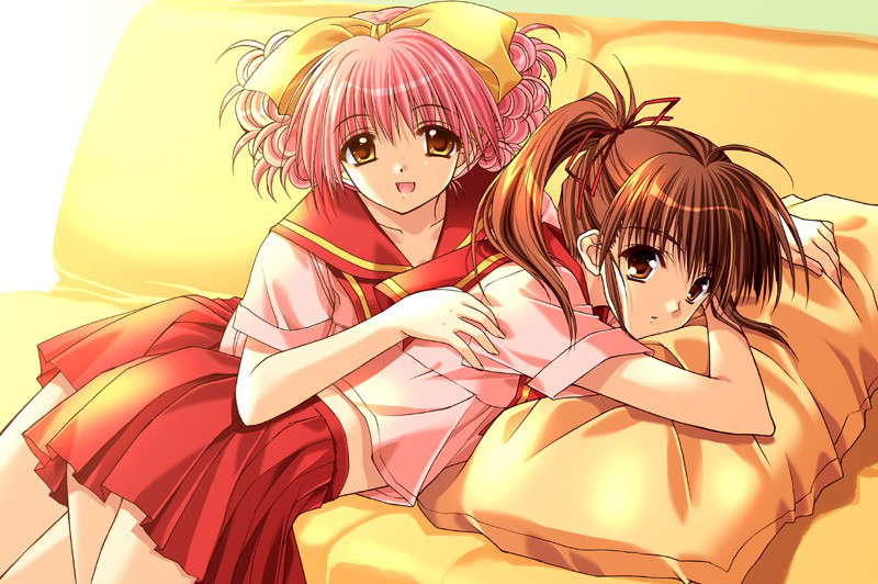 2girls, 90s, :d, brown_eyes, brown_hair, collarbone, curly_hair, doukyuusei