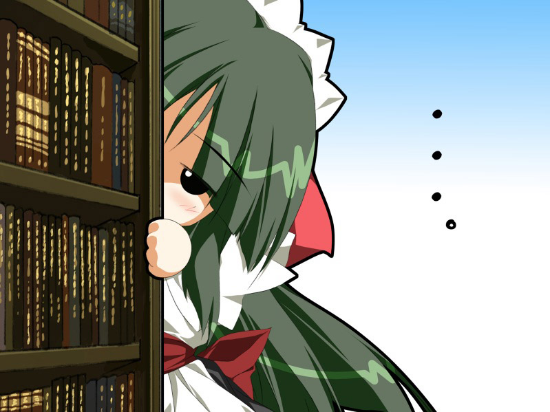 1girl, bookshelf, chibi, game_cg, jissouji_fuyuha, maid, moekan, motoyon
