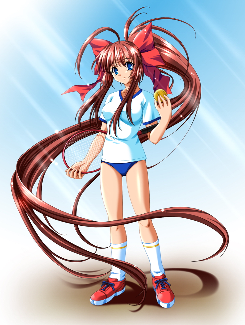 ahoge, artist_request, ball, blue_eyes, brown_hair, buruma, gym_uniform, hair_ribbon