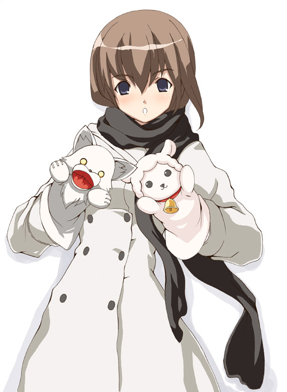 1girl, :o, brown_hair, coat, date_(senpen), hand_puppet, looking_at_viewer, mubyou