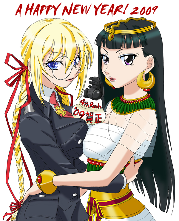 2girls, black_hair, blonde_hair, blue_eyes, braid, breast_press, breasts, egypt, egyptian, eyeshadow, glasses, hair_ribbon, hair_ribbons, headdress, jewelry, long_hair, military, military_uniform, multiple_girls, nanahisa, nazi, necktie, new_year, original, purple_eyes, ribbon, ribbons, symmetrical_docking, twin_braids, uniform, violet_eyes