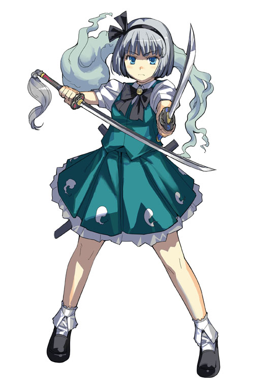1girl, female, full_body, katana, konpaku_youmu, shirayuki_shoushirou, simple_background, solo