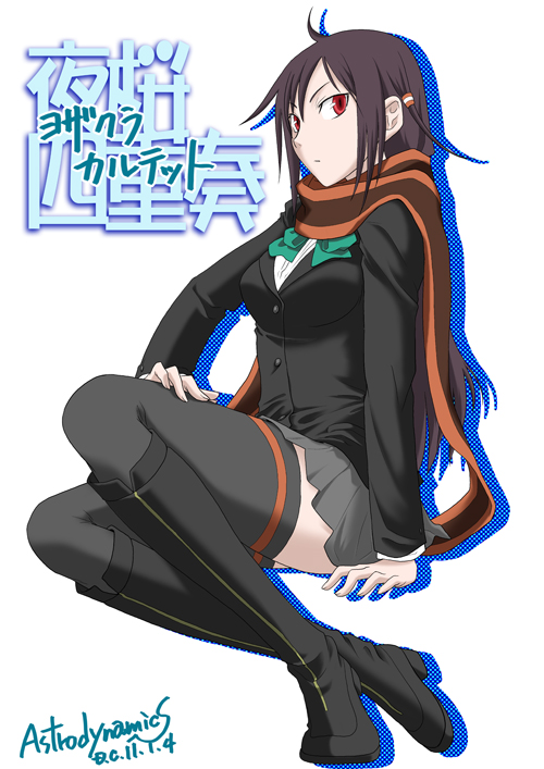 black_legwear, black_thighhighs, blazer, boots, knee_boots, long_hair, nanahisa, red_eyes