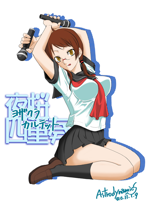 brown_hair, dual_wield, dual_wielding, glasses, isone_kotoha, kneehighs, kneeling, large_breasts