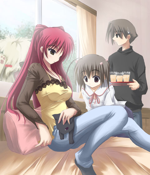 1boy, 2girls, ahoge, black_cat, black_shirt, blush, blush_stickers, breasts