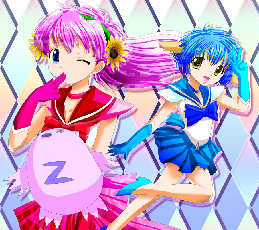 2girls, animal_ears, bishoujo_senshi_sailor_moon, blue_eyes, blue_gloves, blue_hair, blue_skirt, broccoli_(company)