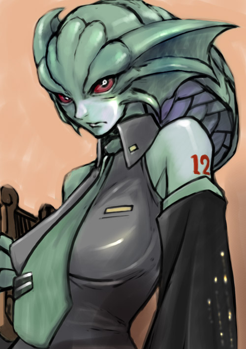 cosplay, dress_shirt, final_fantasy, final_fantasy_xi, garuda, green_hair, green_skin, hatsune_miku, hatsune_miku_(cosplay), lamia, monster_girl, mr_paburofu, mr_pavlov, necktie, no_humans, red_eyes, scales, shirt, solo, tomotsuka_haruomi, vocaloid