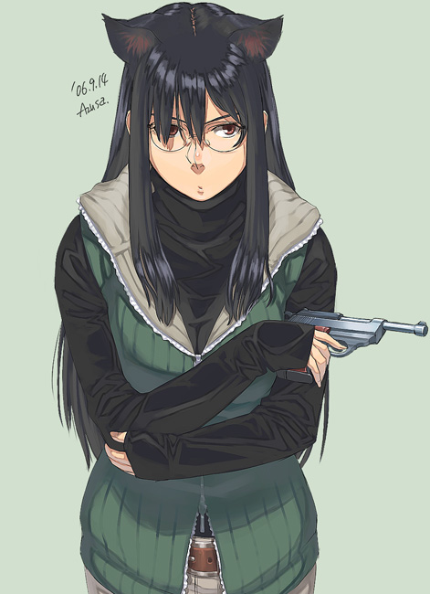 1girl, animal_ears, artist_name, azusa, azusa_(hws), belt, black_hair, brown_eyes