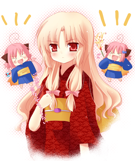 >_<, 13cm, 3girls, :d, aerial_fireworks, ahoge, animal_ears, blonde_hair, blush, cat_ears, cat_tail, chibi, closed_eyes, dr._crane, dr_crane, fireworks, fish, game_cg, goldfish, hair_ornament, hairclip, inuzumi_masaki, japanese_clothes, kimono, long_hair, multiple_girls, nami_(neko_kawaigari!), nami_(nekokawaigari), natsume_eri, neko_kawaigari!, nekokawaigari, open_mouth, petto, pink_hair, red_eyes, short_hair, siblings, sisters, smile, tail, translation_request, twins, umi_(neko_kawaigari!), umi_(nekokawaigari), xd, yukata