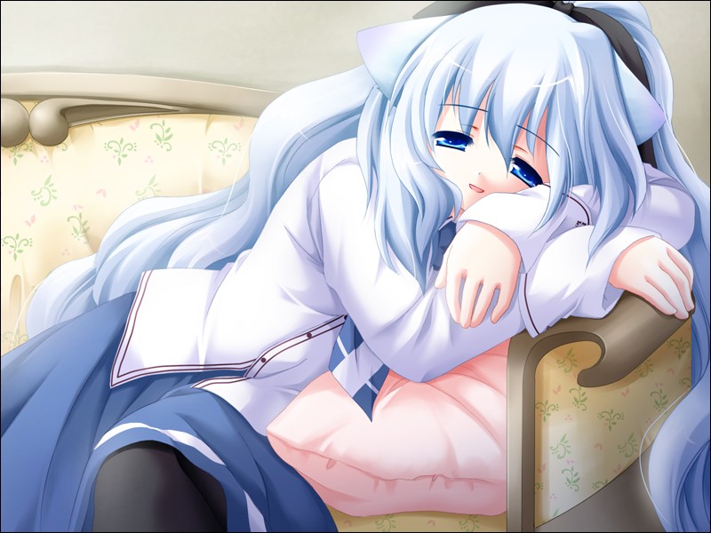 13cm, 1girl, animal_ears, blue_eyes, blue_hair, cat_ears, couch, game_cg