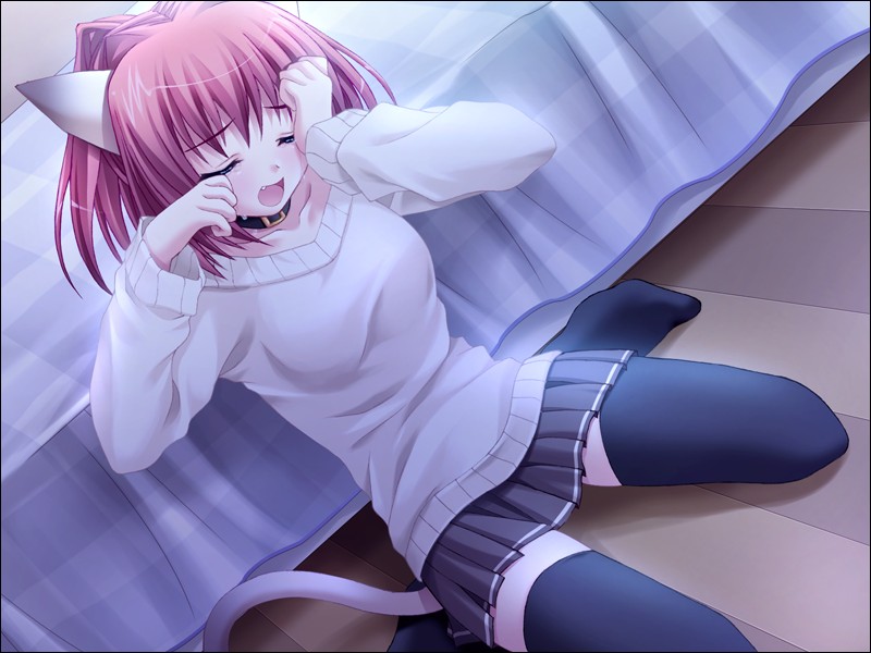 1girl, animal_ears, bed, black_legwear, cat_ears, cat_tail, collar, dutch_angle, fang, faye_mcclintock, game_cg, inuzumi_masaki, kneeling, natsume_eri, neko_kawaigari!, nekokawaigari, open_mouth, pink_hair, pleated_skirt, redhead, skirt, solo, sweater, tail, tears, thigh-highs, zettai_ryouiki