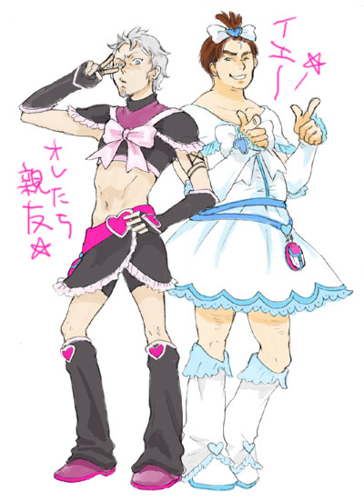 2boys, black_boots, boots, cosplay, crossdressinging, cure_black, cure_black_(cosplay), cure_white