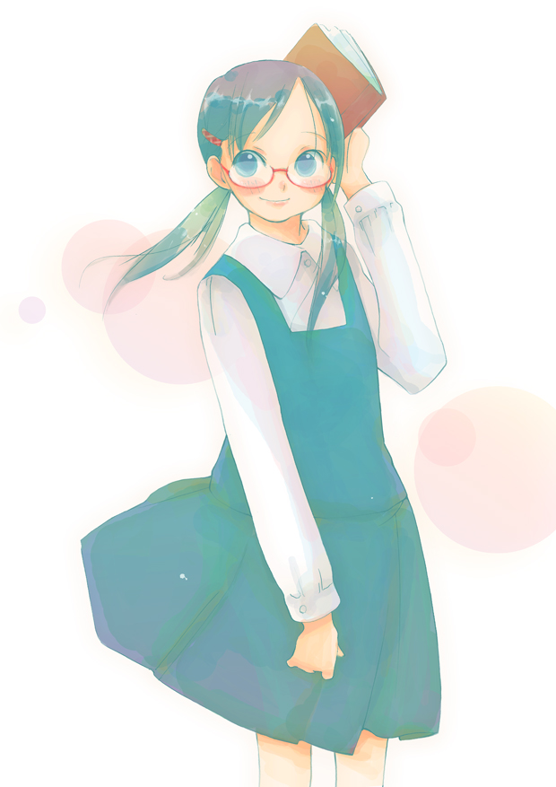 1girl, apron, blue_eyes, blue_hair, blush, book, collared_shirt, glasses