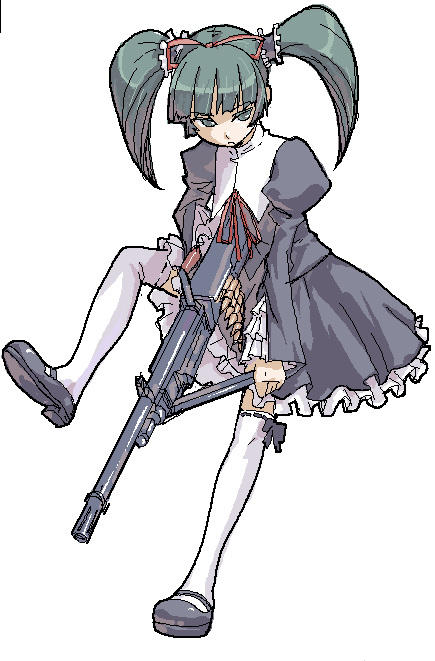 1girl, ammunition_belt, coyote_ragtime_show, gun, irigomame, machine_gun, march, march_(coyote_ragtime_show), solo, thigh-highs, weapon