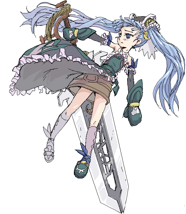 1girl, arm_warmers, blue_eyes, blue_hair, brown_skirt, frills, full_body, gloves, gretel, gretel_(otogi-jushi_akazukin), hat, huge_weapon, irigomame, kneehighs, long_hair, looking_away, oekaki, otogi-jushi_akazukin, pink_legwear, shoes, skirt, socks, solo, sword, twintails, weapon, white_background