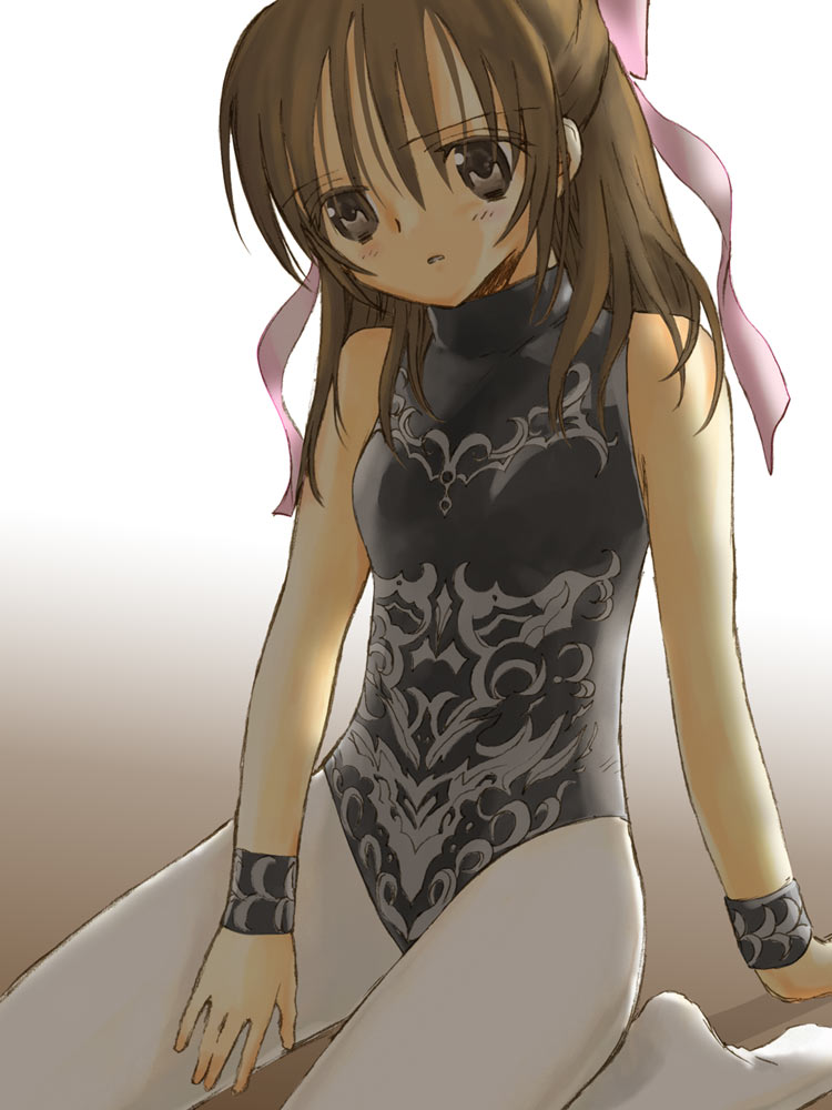 1girl, brown_hair, katao_kapiroshi, leotard, pantyhose, ribbon, solo, white_legwear