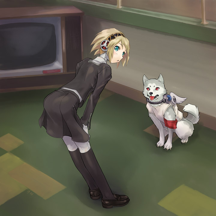 aegis, aegis_(persona), animal, armband, atlus, blonde_hair, blue_eyes, dog