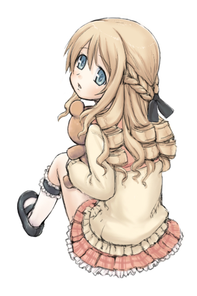 1girl, back, bangs, black_bow, blonde_hair, blue_eyes, bow, braid