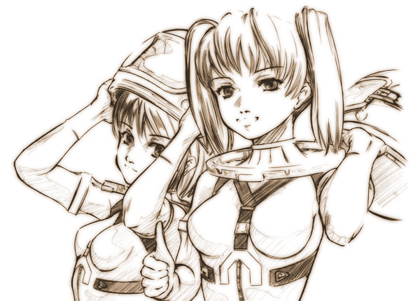 00s, 2girls, brown, honjo_mikaze, kikuhara_karin, monochrome, multiple_girls, sketch