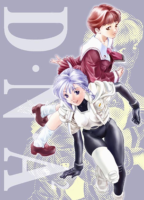 2girls, aoi_karin, armor, asymmetrical_clothes, blue_eyes, blue_hair, bodysuit, braid