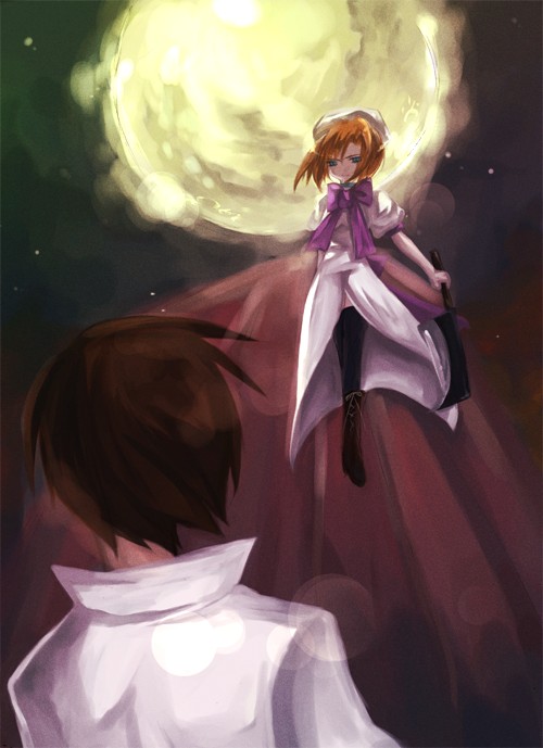 1boy, 1girl, billhook, hatchet, higurashi_no_naku_koro_ni, kanzaki_natsume, maebara_keiichi, moon