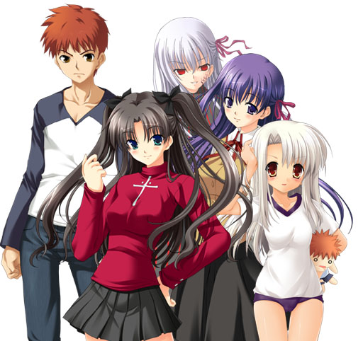 1boy, 4girls, :d, adjusting_hair, bangs, black_hair, blush, brother_and_sister, buruma, character_doll, cross, dark_matou_sakura, dark_sakura, denim, dual_persona, emiya_shirou, everyone, facial_mark, fate/stay_night, fate_(series), frown, green_eyes, gym_uniform, hair_ribbon, hand_on_hip, hips, illyasviel_von_einzbern, jeans, long_hair, matou_sakura, multiple_girls, open_mouth, orange_hair, pants, parted_bangs, pleated_skirt, purple_hair, raglan_sleeves, red_eyes, ribbon, rider, saber, school_uniform, serafuku, short_hair, siblings, simple_background, sisters, skirt, smile, splush_wave, standing, sweater, thigh_gap, thighs, tohsaka_rin, turtleneck, twintails, two_side_up, violet_eyes, white_background, white_hair