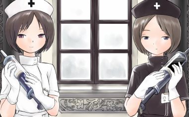 2girls, blush, brown_hair, enema, gloves, hat, kashmir, lowres, multiple_girls, nurse, nurse_cap, syringe, window
