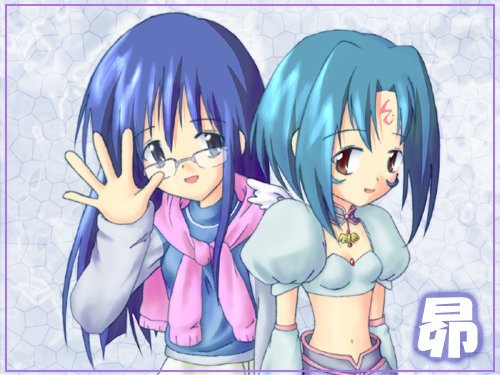 .hack//, .hack//sign, 00s, 2girls, bandai, blue_background, blue_eyes, blue_hair