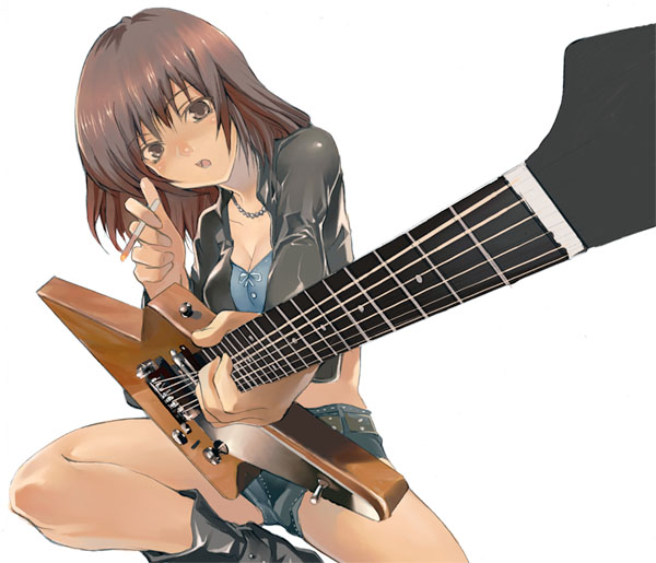 1girl, boots, breasts, brown_eyes, brown_hair, cigarette, explorer_(guitar), guitar, instrument, jewelry, necklace, open_mouth, perspective, shihira_tatsuya, short_hair, shorts, smoking, solo