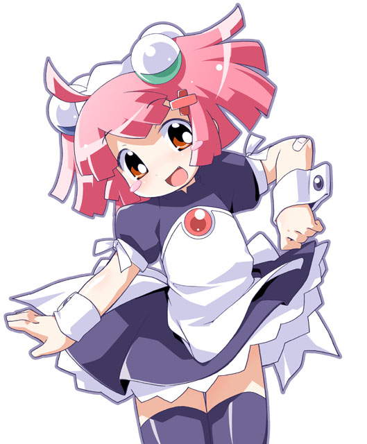 1girl, :d, ahoge, apron, bandaid, black_legwear, blush, blush_stickers, brown_eyes, cowboy_shot, fang, filn, hair_bobbles, hair_ornament, hairclip, hairpods, maid, maid_apron, maid_headdress, open_mouth, pink_hair, puffy_short_sleeves, puffy_sleeves, short_sleeves, simple_background, smile, solo, thigh-highs, white_background, wrist_cuffs, zettai_ryouiki