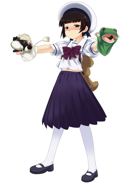 1girl, backpack, bag, censored, cow, frog, gun, hand_puppet