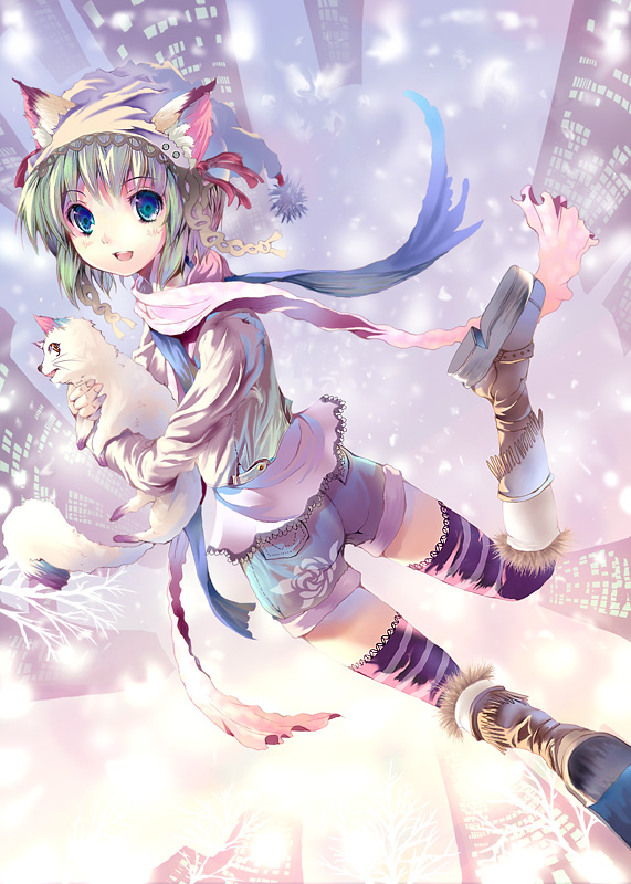 1girl, animal_ears, cat, cat_ears, denim, denim_shorts, greenwood, midori_(greenwood)